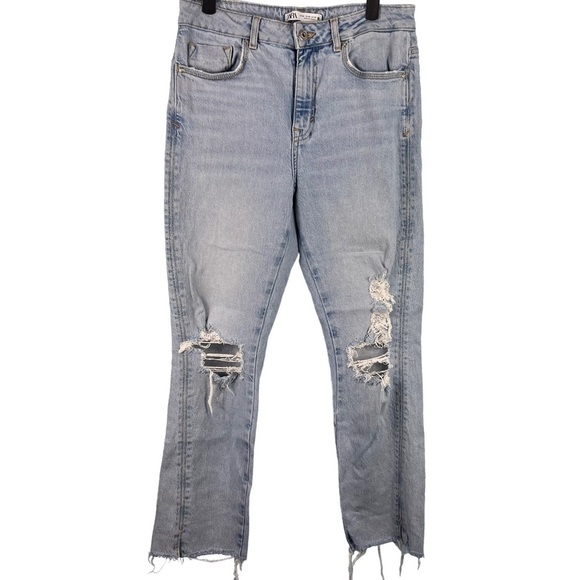 ZARA Jeans Womens Size 6 High Waist Distressed Light Wash Denim Raw Hem Straight - Picture 1 of 7